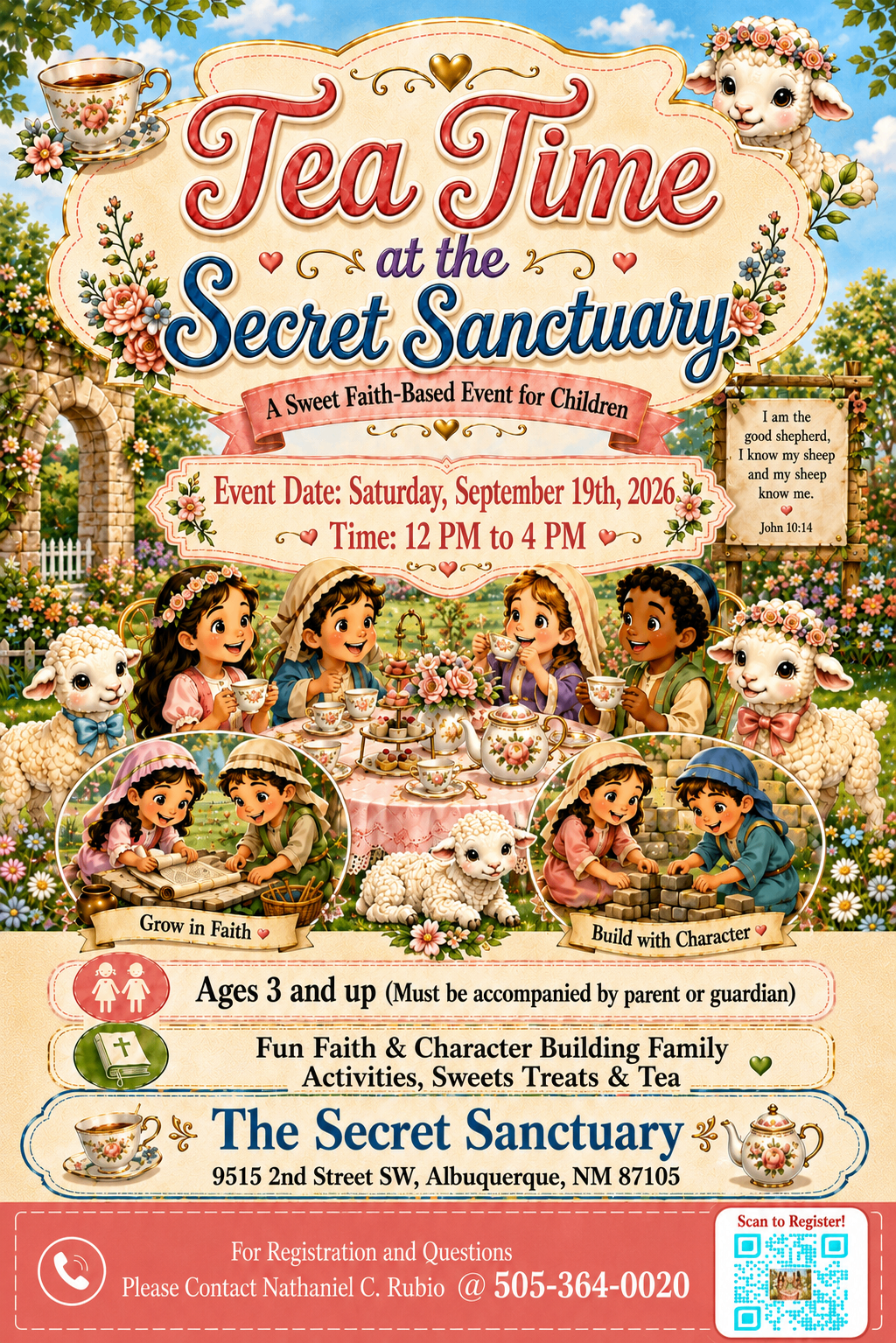 Tea Time at the Secret Sanctuary flyer — Saturday, September 19th, 2026, 12 PM to 4 PM, 9515 2nd Street SW, Albuquerque, NM 87105