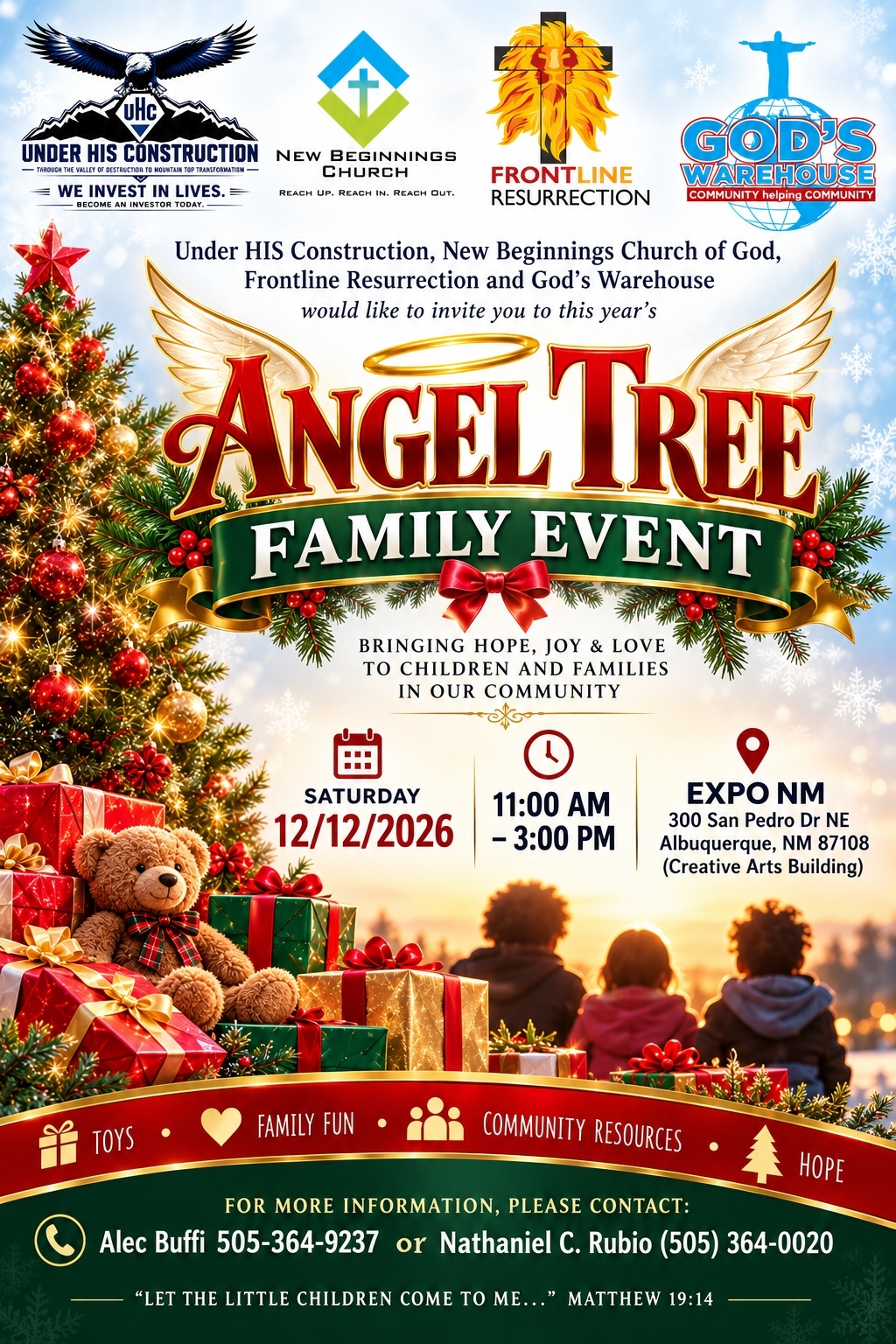 Angel Tree Family Event flyer for Saturday, December 12, 2026, 11 AM to 3 PM at Expo New Mexico, Creative Arts Building, 300 San Pedro Drive NE, Albuquerque — toys, family fun, community resources, and hope