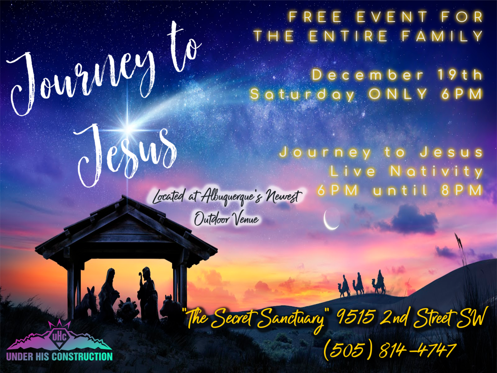 Journey to Jesus free family live Nativity flyer for December 19, 2026 from 6 PM to 8 PM at The Secret Sanctuary